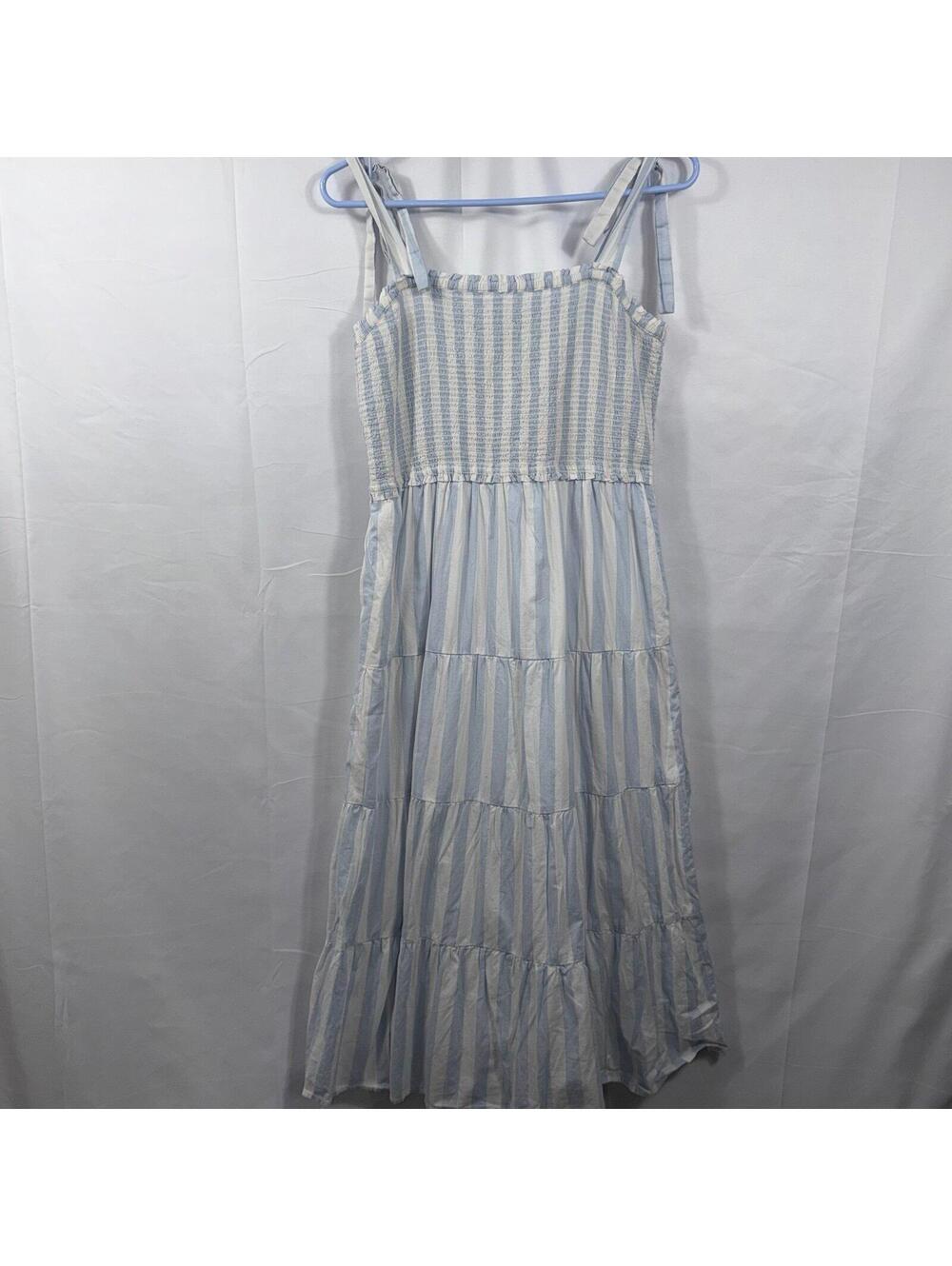 J.Crew Blue White Stripe Smocked Tiered Maxi Dress Women’s Size Medium